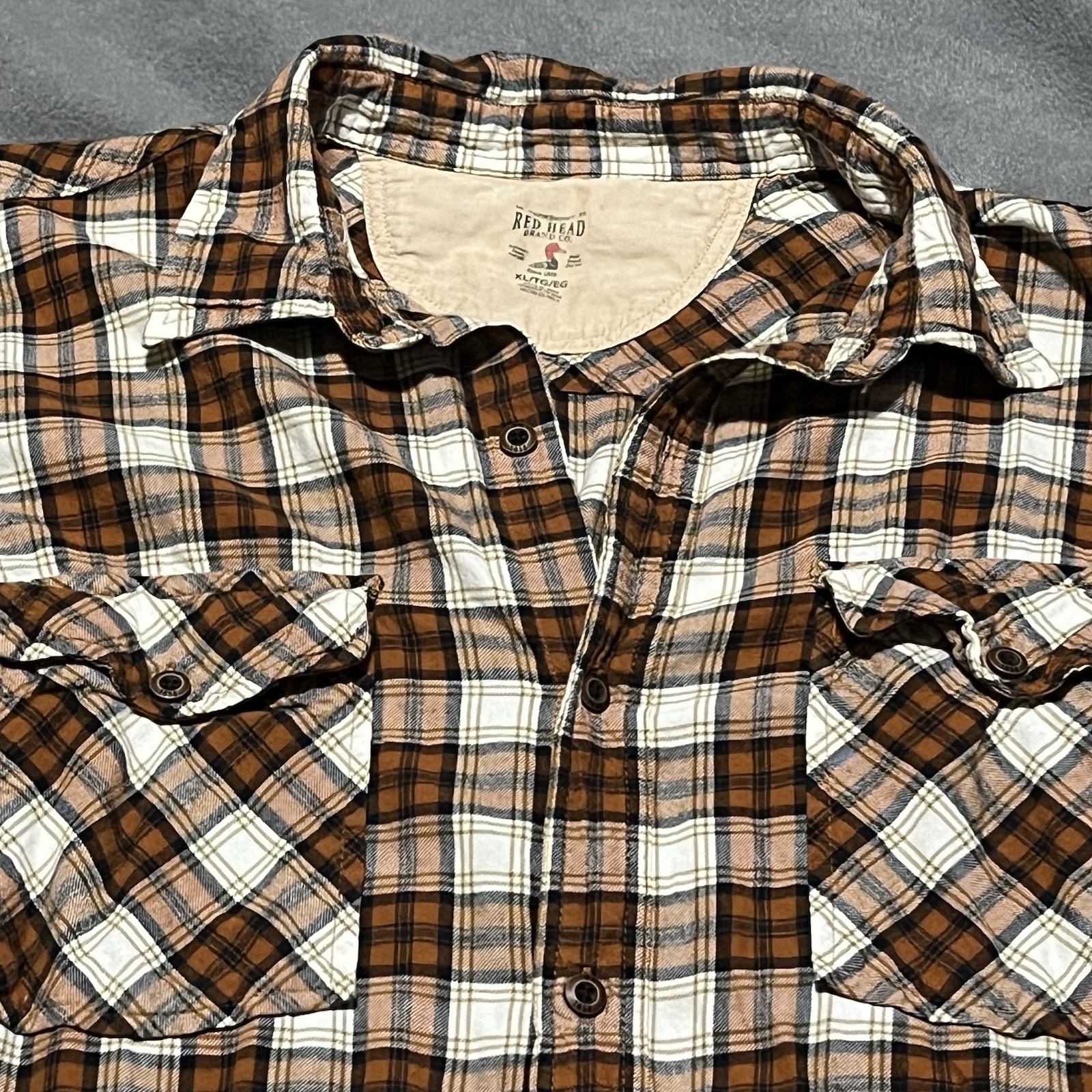 Red Head Shirt Mens Xl Plaid Flannel Long Sleeve Button Orange Brown Shirt